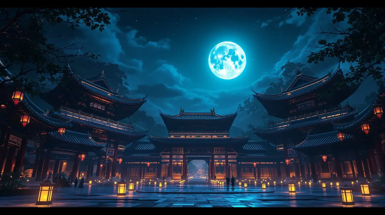锦衣夜行录首屏背景：月下宫廷与独行身影