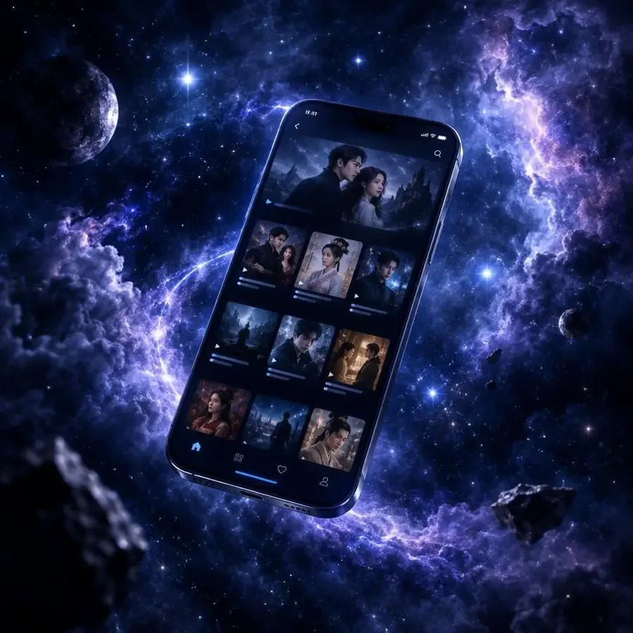 成人AI短剧 APP 在星云中悬浮的手机界面展示