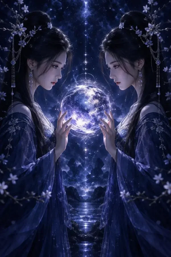 双子星 - 成人AI短剧在线观看 双子星短剧封面:发光球体两侧的镜像双生